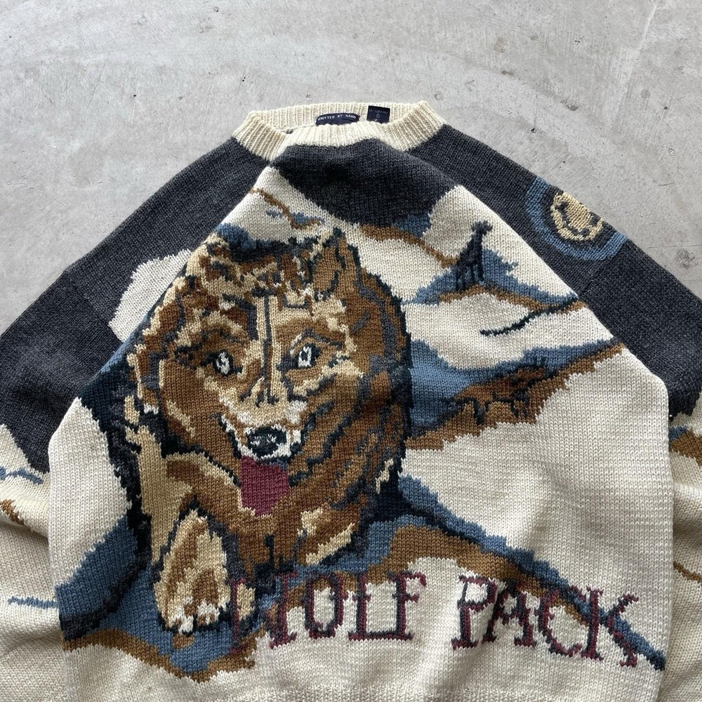 Vintage Willis & Geiger HandKnit Sweater Wool Wolf Animal AOP Coastal Mens L - Picture 2 of 8